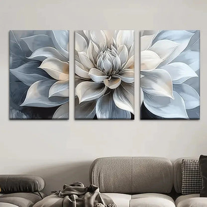 3pcs Beige Gray White & Blue Abstract Floral Metal Print Ready to Hang Art - Bella Home Decor