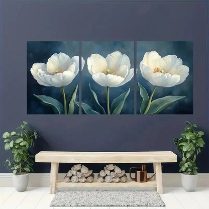 3pcs Elegant White Tulips Floral Watercolor Metal Print Ready to Hang Art - Bella Home Decor