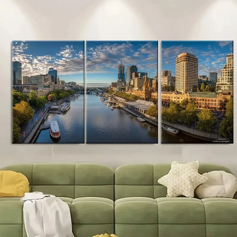 3pcs Melbourne City Landmarks Skyline Wall Art Set Canvas Framed 60x90cm - High Quality Print 100% Australian Made Wall Canvas Ready to Hang