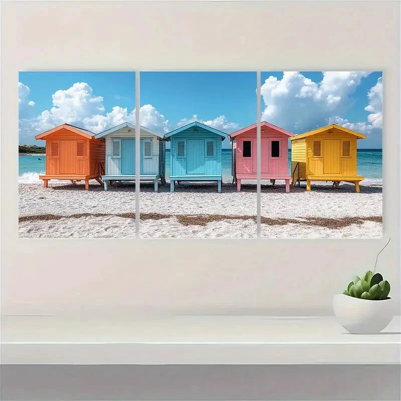 3pcs Summer Seaside Art Coastal Beach Huts Metal Print Ready to Hang Art - Bella Home Decor