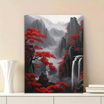 Vibrant Red Trees & Mountain Landscape Waterfall 40x60cm Metal Print Ready to Hang - Bella Home Decor