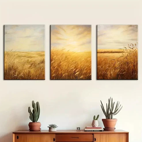 3pcs Golden wheat fields, harvest farm country Wall Art Canvas Unframed - High Quality Print 100% Australian Made Wall Canvas - Bella Home Decor