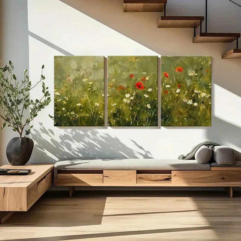 3pcs Vibrant Wildflower Field Green Landscape Metal Print Ready to Hang Art - Bella Home Decor