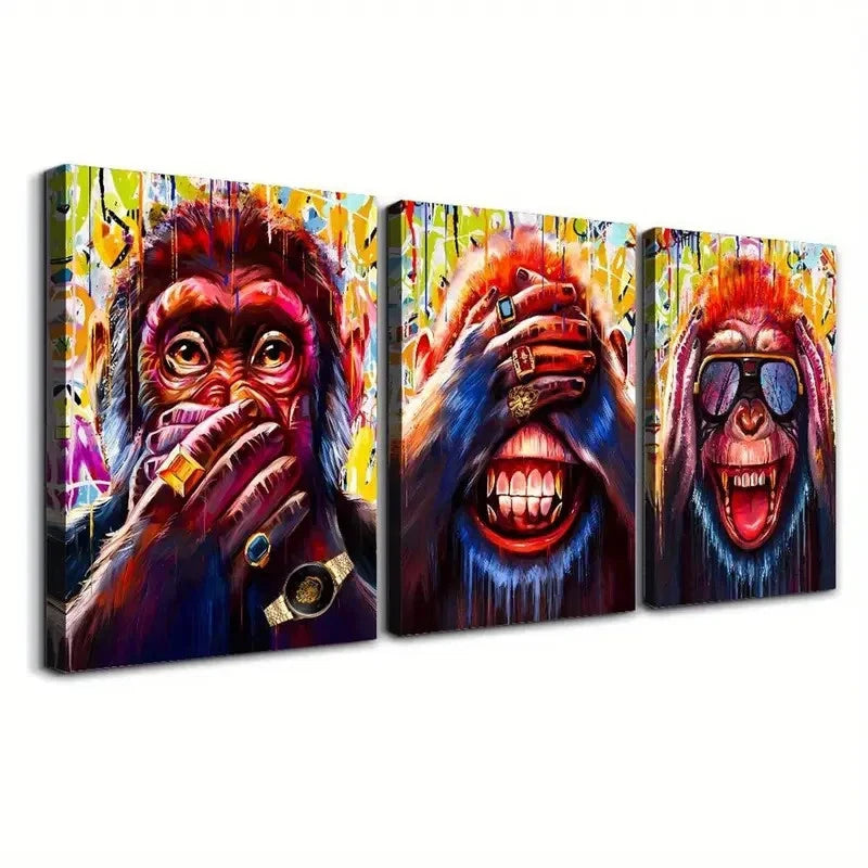 3pcs Gorilla Covers Mouth, Wears Ring  Wall Art Set Canvas Framed 50x70cm - High Quality Print 100% Australian Made Wall Canvas Ready to Hang - Bella Home Decor