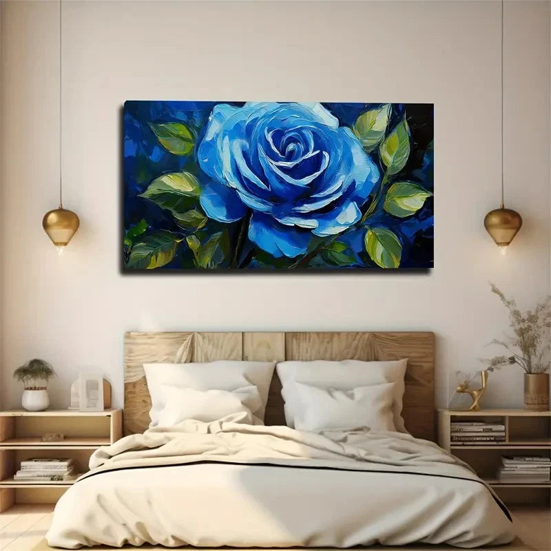 Vibrant Bloom Blue Rose Wall Art Canvas Office Home Room Framed 120x60cm