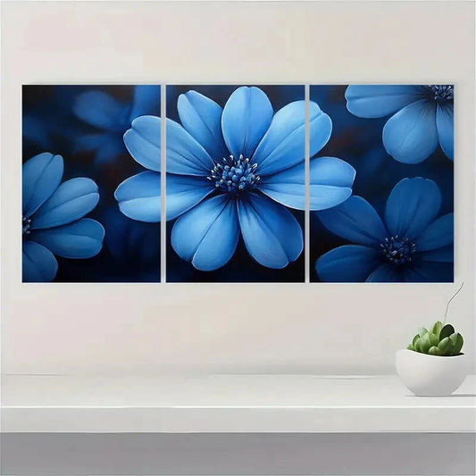 3pcs Chicory Flower Blue Flower Painting Metal Print Ready to Hang Art