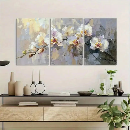 3pcs Abstract White Orchid in Light Gray Metal Print Ready to Hang Art - Bella Home Decor