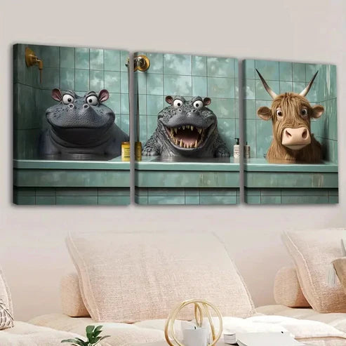 3pcs Fashion Animals Hippopotamus Cow Crocodile Wall Art Set Canvas Unframed - High Quality Print 100% Australian Made Wall Canvas