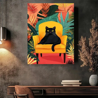 Beautiful Vibrant Black Cat & Yellow Chair 40x60cm Metal Print Ready to Hang - Bella Home Decor