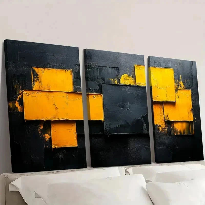 3pcs Vibrant Yellow & Black Textured BN   Wall Art Set Canvas Framed 60x90cm - High Quality Print 100% Australian Made Wall Canvas Ready to Hang - Bella Home Decor