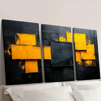 3pcs Vibrant Yellow & Black Textured BN   Wall Art Set Canvas Framed 60x90cm - High Quality Print 100% Australian Made Wall Canvas Ready to Hang - Bella Home Decor