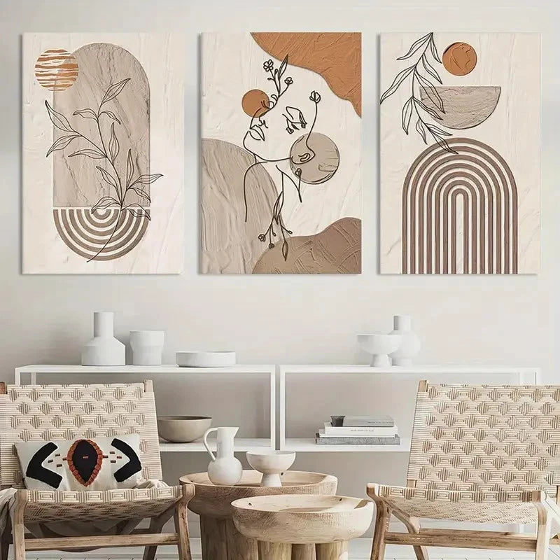 3pcs Boho Abstract Cinnamomum Woman Face Prints Metal Print Ready to Hang Art - Bella Home Decor
