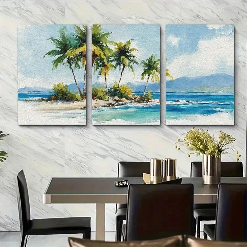 3pcs Palm Trees & Ocean Waves Design Perfect Wall Art Set Canvas Framed 50x70cm - High Quality Print 100% Australian Made Wall Canvas Ready to Hang