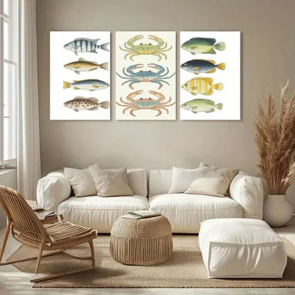 3pcs Colorful Fish & Crab Design Wall Art Canvas Unframed - High Quality Print 100% Australian Made Wall Canvas - Bella Home Decor