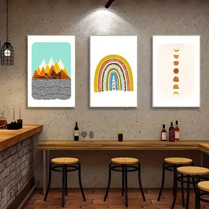 3pcs Landscape Art Sun Moon Rainbow And Land Metal Print Ready to Hang Art