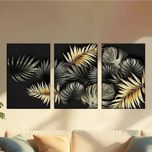 3pcs Tropical Leaf Designs on Black Background Wall Art Canvas Unframed - High Quality Print 100% Australian Made Wall Canvas