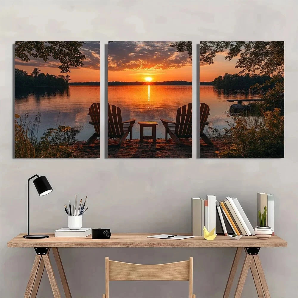 3pcs Lake House Sunset Themed Metal Print Ready to Hang Art - Bella Home Decor