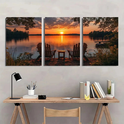 3pcs Lake House Sunset Themed Metal Print Ready to Hang Art - Bella Home Decor