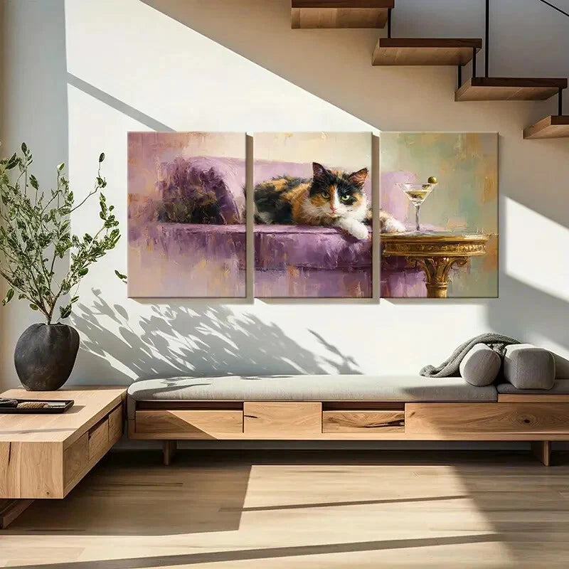 3pcs Elegant Cat & Martini Purple Sofa & Abstract Metal Print Ready to Hang Art