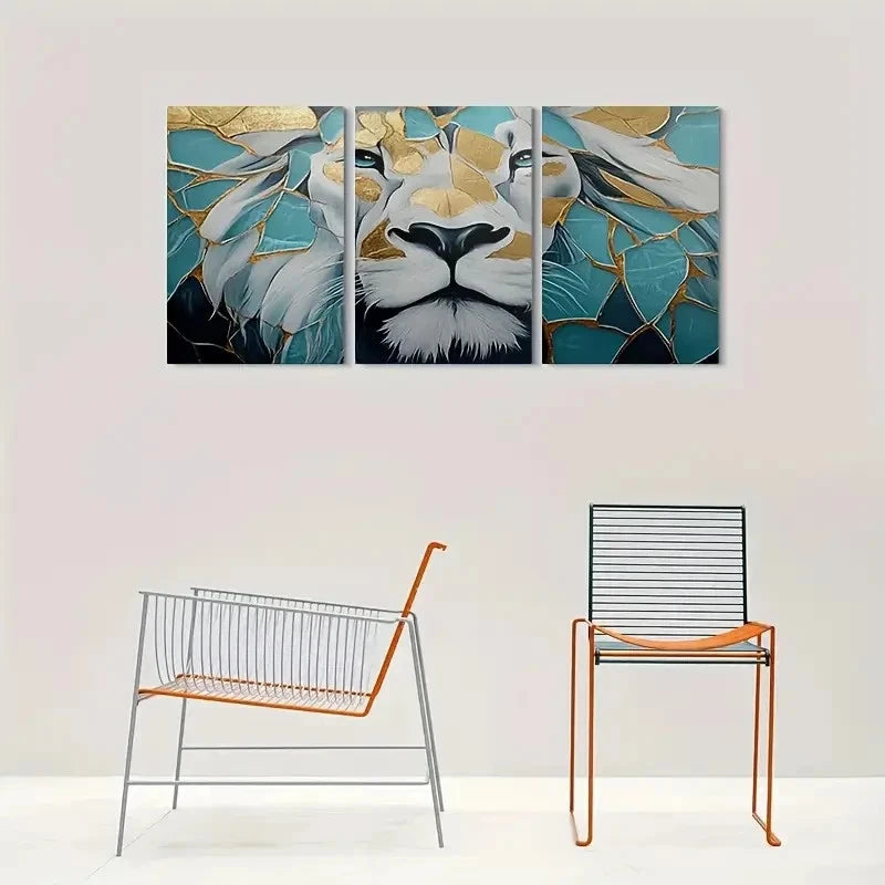 3pcs Lion Golden & Teal Geometric Wall Art Set Canvas Framed 60x90cm - High Quality Print 100% Australian Made Wall Canvas Ready to Hang