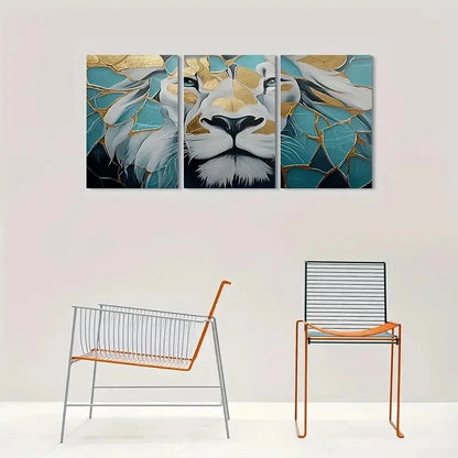 3pcs Lion Golden & Teal Geometric Wall Art Set Canvas Framed 60x90cm - High Quality Print 100% Australian Made Wall Canvas Ready to Hang