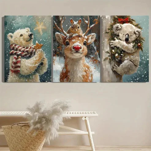 3pcs Cozy Winter Scene Bear, Deer & Koala  Wall Art Set Canvas Unframed - High Quality Print 100% Australian Made Wall Canvas - Bella Home Decor