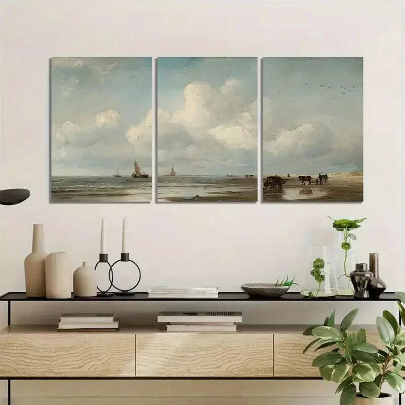 3pcs Dutch Coast with Fishing Boats Paintings Metal Print Ready to Hang Art - Bella Home Decor