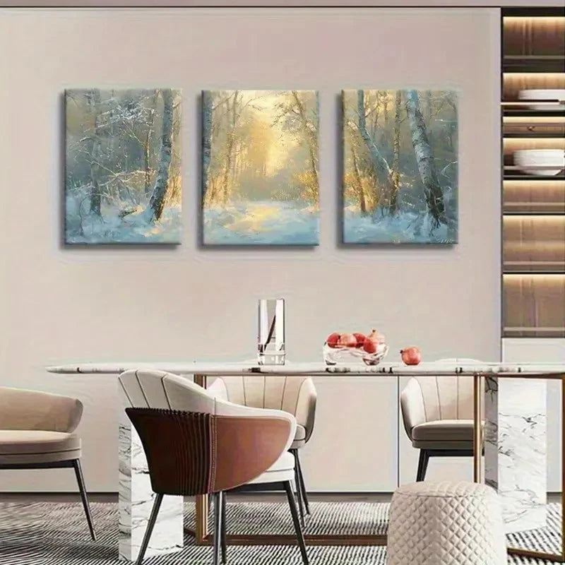 3pcs Golden Sunlight Winter Forest Landscape Metal Print Ready to Hang Art - Bella Home Decor