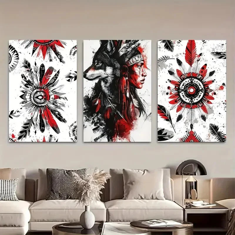 3pcs Native American Wolf & Feather Designs Metal Print Ready to Hang Art - Bella Home Decor