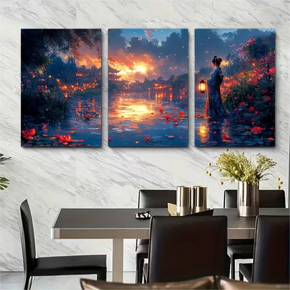 3pcs Asian Garden Night Scene Metal Print Ready to Hang Art - Bella Home Decor
