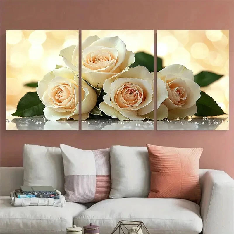 3pcs White Rose Bouquet Classic Floral Metal Print Ready to Hang Art - Bella Home Decor