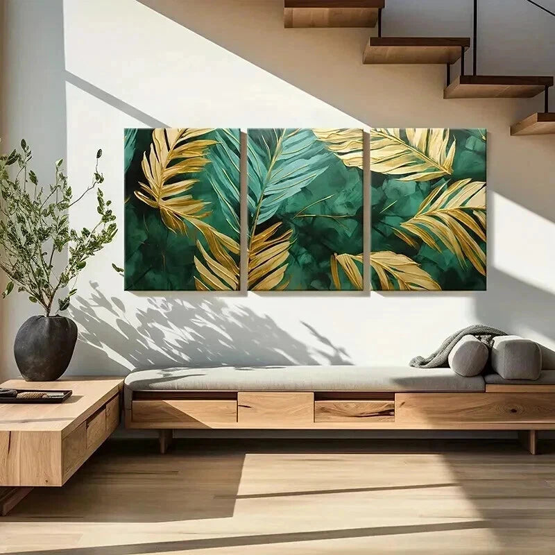 3pcs Green And Gold Art Tropical Palm Leaves  Wall Art Set Canvas Framed 50x70cm - High Quality Print 100% Australian Made Wall Canvas Ready to Hang - Bella Home Decor