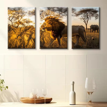 3pcs Majestic Lion Illustration Wall Art Set Canvas Framed 60x90cm - High Quality Print 100% Australian Made Wall Canvas Ready to Hang