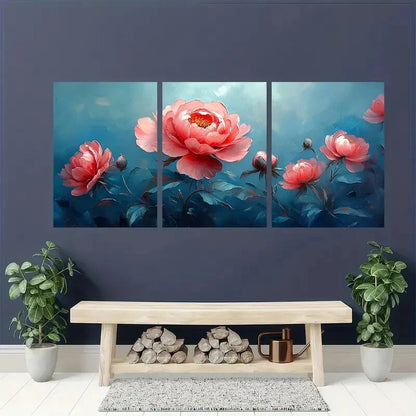3pcs Elegant Peony Flower Pink & Blue Floral Metal Print Ready to Hang Art - Bella Home Decor
