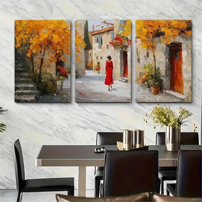 3pcs Woman In Red Dress Walking Through Perfect Wall Art Set Canvas Framed 50x70cm - High Quality Print 100% Australian Made Wall Canvas Ready to Hang