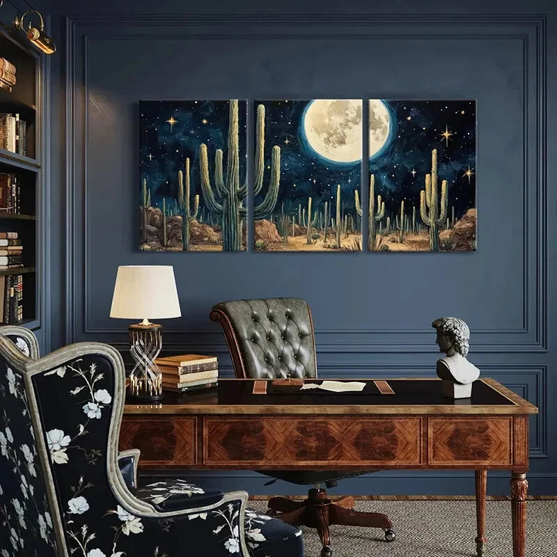 3pcs Moonlit Desert Cactus Night Sky Stars Metal Print Ready to Hang Art - Bella Home Decor