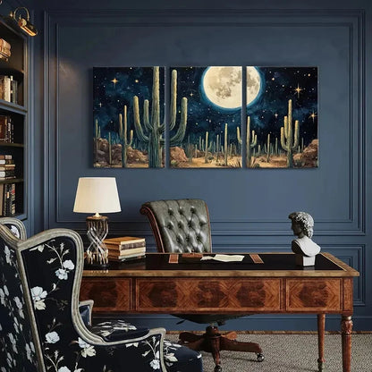 3pcs Moonlit Desert Cactus Night Sky Stars Metal Print Ready to Hang Art - Bella Home Decor