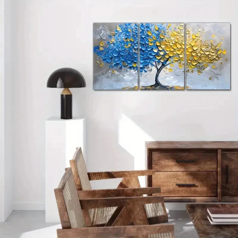 3pcs Blue and Yellow Tree Art Print Metal Print Ready to Hang Art - Bella Home Decor