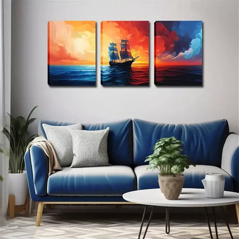 3pcs A Sailboat Sailing On The Sea Wall Art Canvas Unframed - High Quality Print 100% Australian Made Wall Canvas - Bella Home Decor
