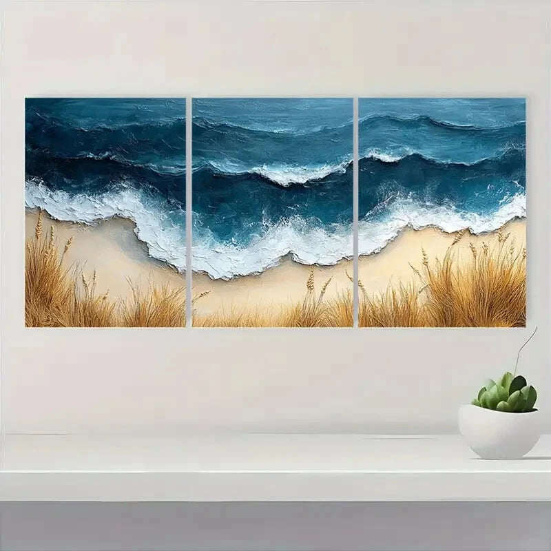 3pcs Modern Beach Wave Minimalist Neutral Tone Metal Print Ready to Hang Art