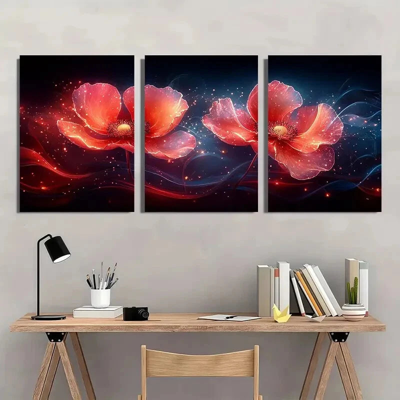 3pcs Vibrant Abstract Floral Red & Orange Metal Print Ready to Hang Art - Bella Home Decor