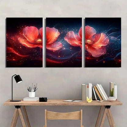 3pcs Vibrant Abstract Floral Red & Orange Metal Print Ready to Hang Art - Bella Home Decor