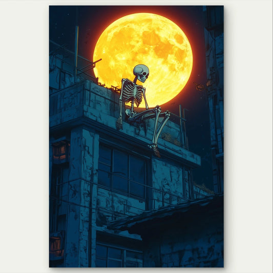 Skeleton on a Rooftop Under Moon Illustration 40x60cm Metal Print Ready to Hang