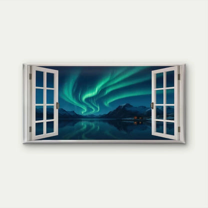 Northern Lights Window View Wall Art Canvas Office Home Room Framed 120x60cm