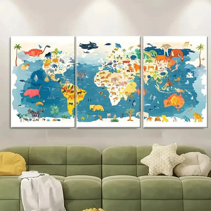 3pcs , Colorful Animal World Map Metal Print Ready to Hang Art - Bella Home Decor