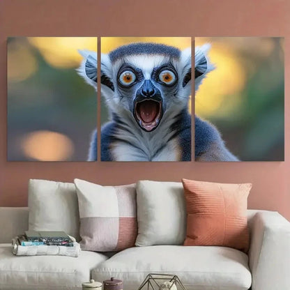 3pcs Shocked Ring Tailed Lemur Quirky Wildlife Wall Art Set Canvas Framed 40x60cm - High Quality Print 100% Australian Made Wall Canvas Ready to Hang - Bella Home Decor