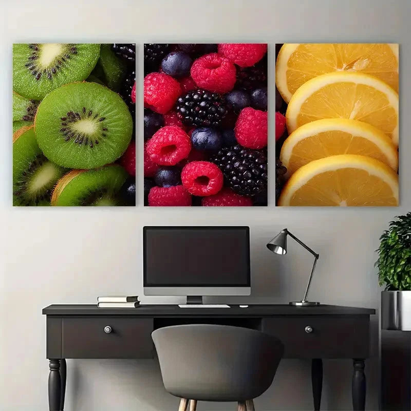 3pcs Berries & Kiwi Tropical Fruits Illustration Wall Art Set Canvas Framed 40x60cm - High Quality Print 100% Australian Made Wall Canvas Ready to Hang - Bella Home Decor