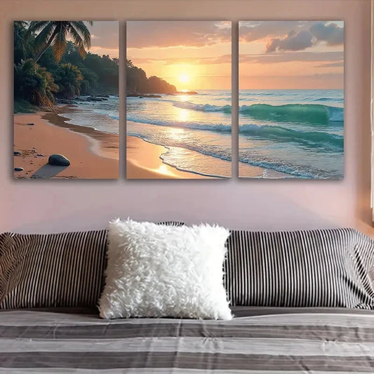 3pcs Tropical Beach Sunset Scene Wall Art Set Canvas Framed 40x60cm - High Quality Print 100% Australian Made Wall Canvas Ready to Hang