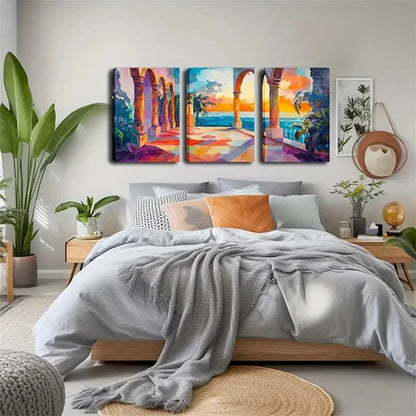 3pcs Vibrant Coastal Temple Wall Art Set Wall Art Canvas Unframed - High Quality Print 100% Australian Made Wall Canvas