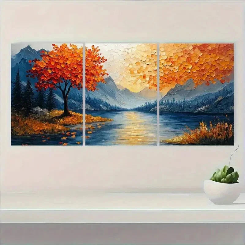 3pcs Boho Mountain River Landscape Forest Scene Metal Print Ready to Hang Art - Bella Home Decor